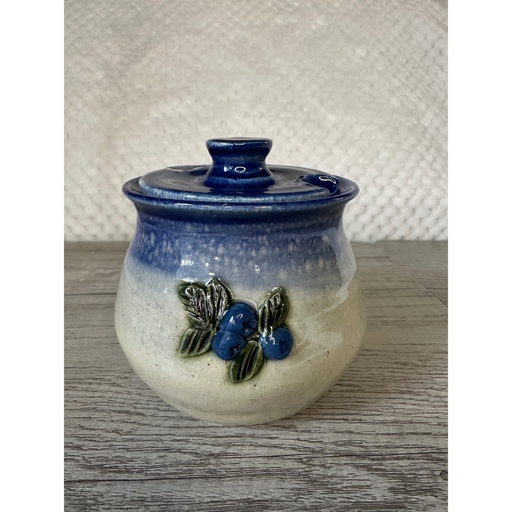 Johnson Studio Pottery Blueberry Stoneware Honey Pot with chipped Lid Blue Cream